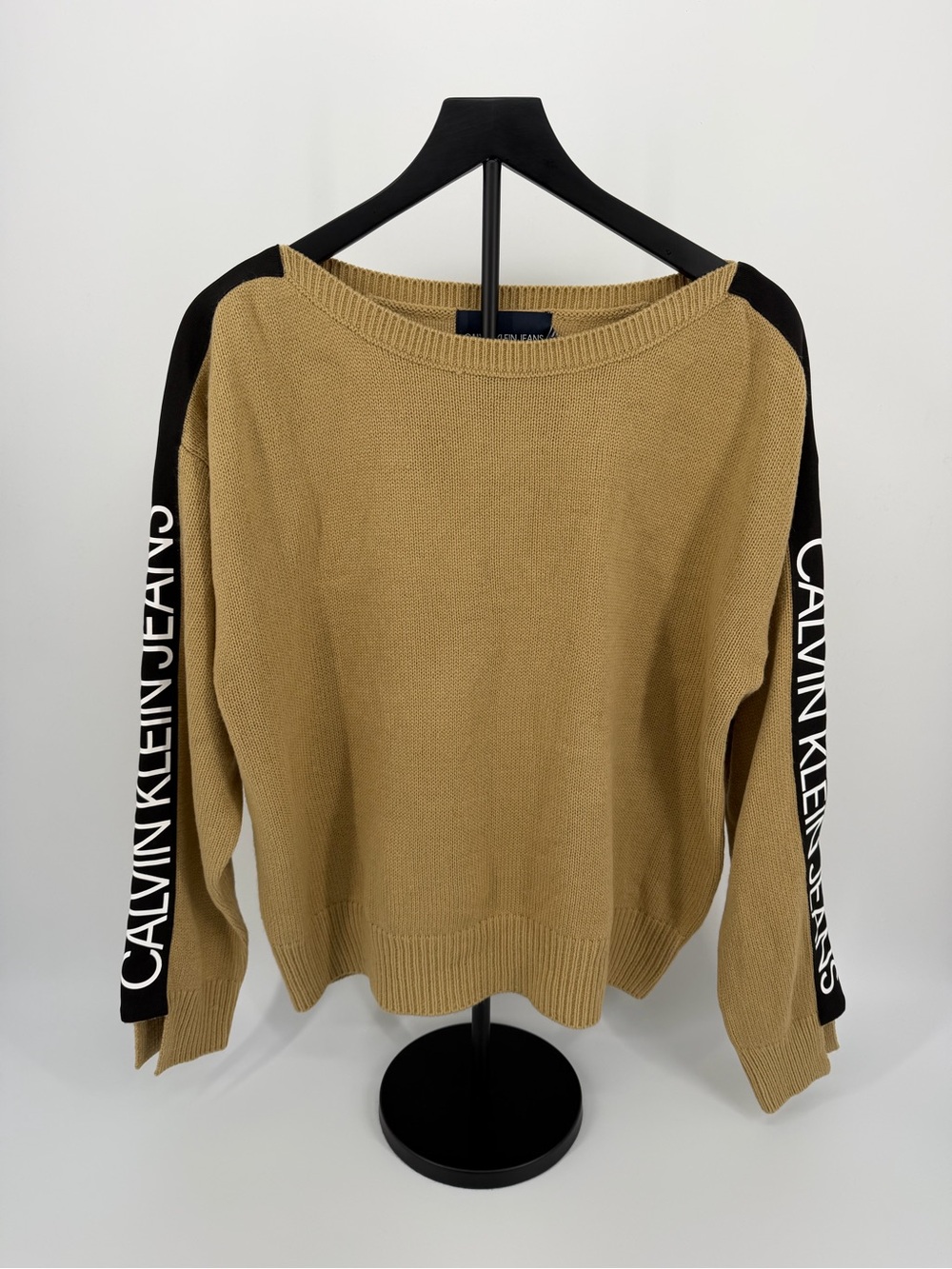 Calvin Klein Jeans Logo Tape Knit Sweater Tan Beige Women’s XL